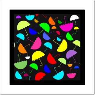 Bright happy colored umbrellas on a black background Posters and Art